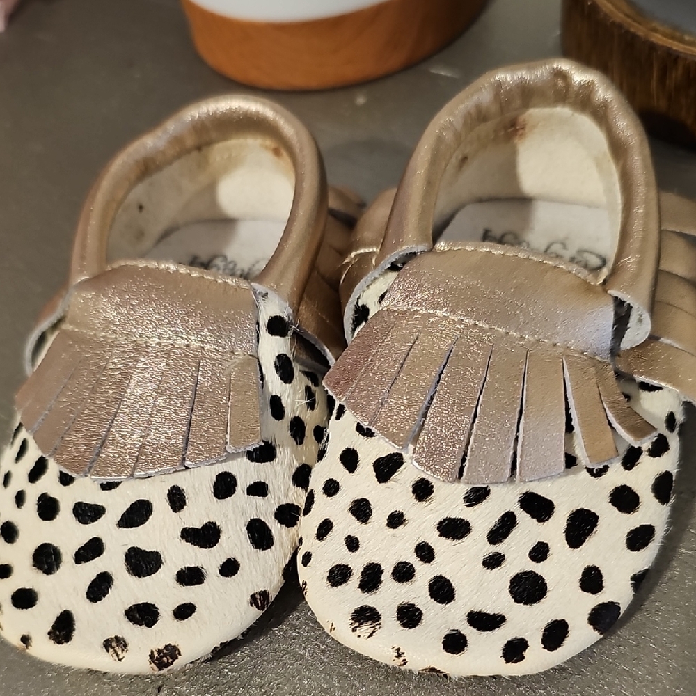 Fur Animal Print Mocassain Rose Gold Fringe 6-12m Size